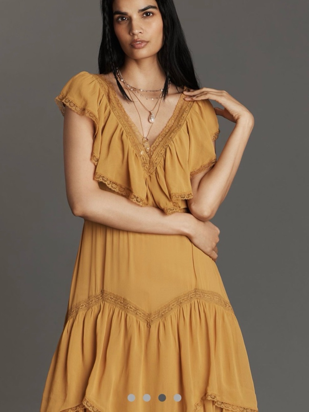 Anthropologie Mustard Tiered Maxi Dress with Ruffle V-Neck short sleeve dress - Picture 3 of 5